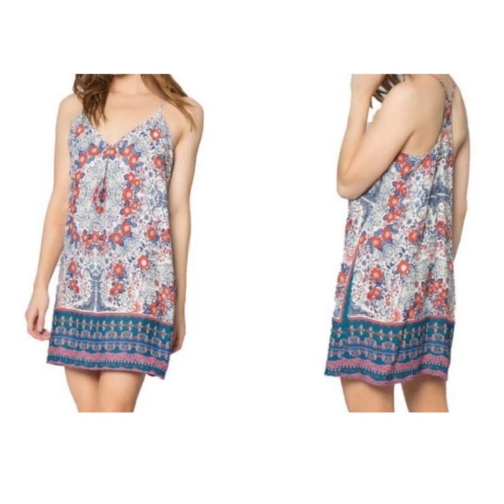 Lavender Brown Boho Paisley Print V Neck Spaghetti Strap Mini Dress Women Size S